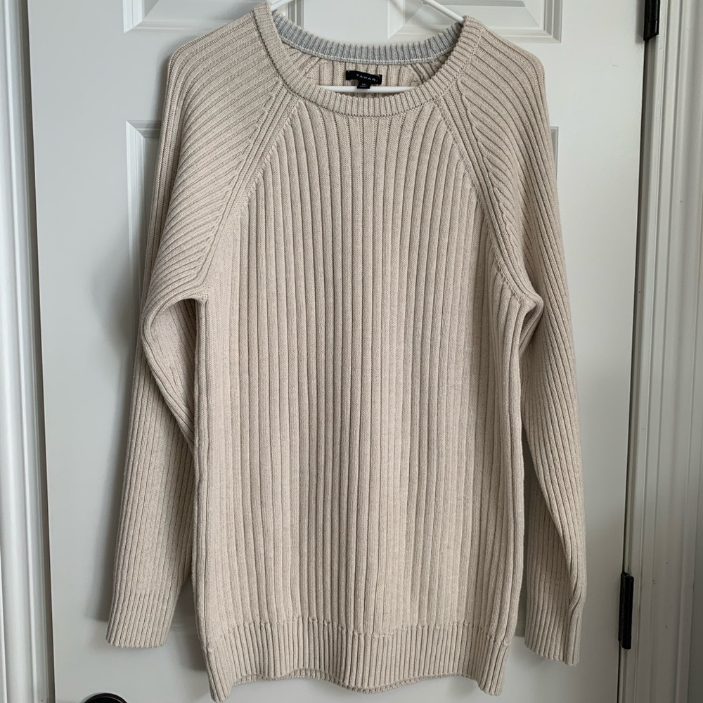 Tahari Beige Ribbed Crew Neck Cotton Blend Sweater